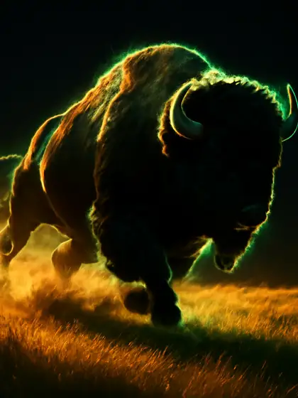Bizon stormt door de prairie bij zonsondergang in Buffalo King bij Betninja