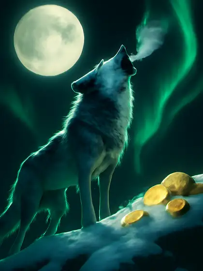 Zilveren wolf huilt op een besneeuwde klif onder volle maan, Wolf Power Megaways bij Betninja